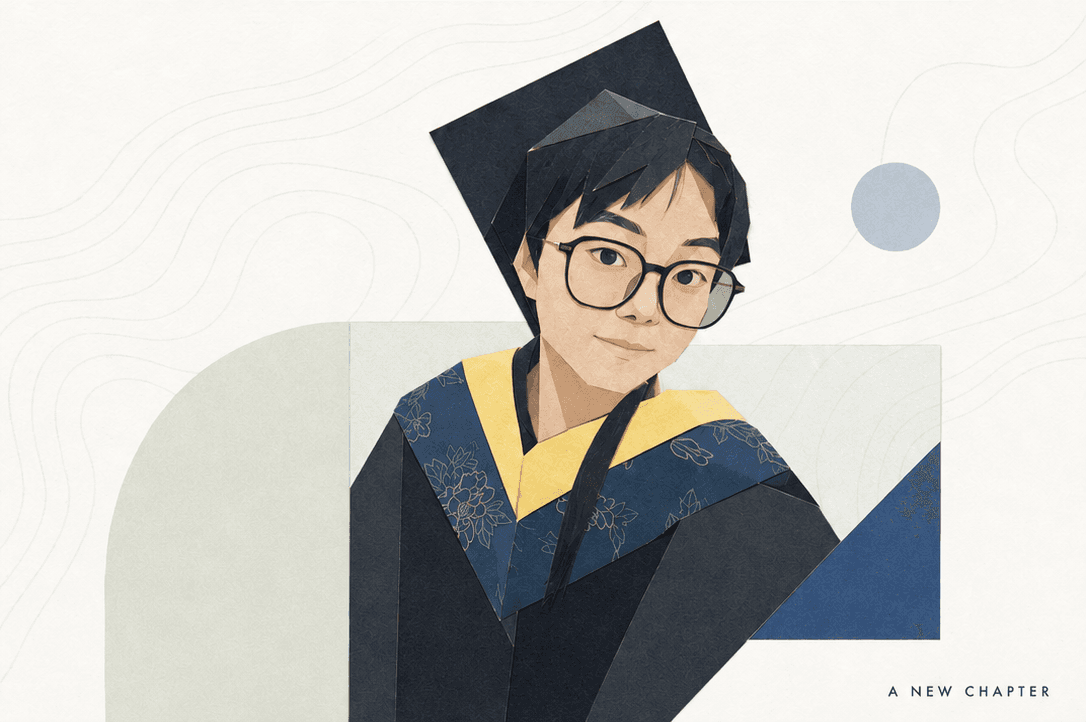 几何纸本拼贴插画：戴学士帽与圆框眼镜的人物，身着学士服，右下角标有 A NEW CHAPTER